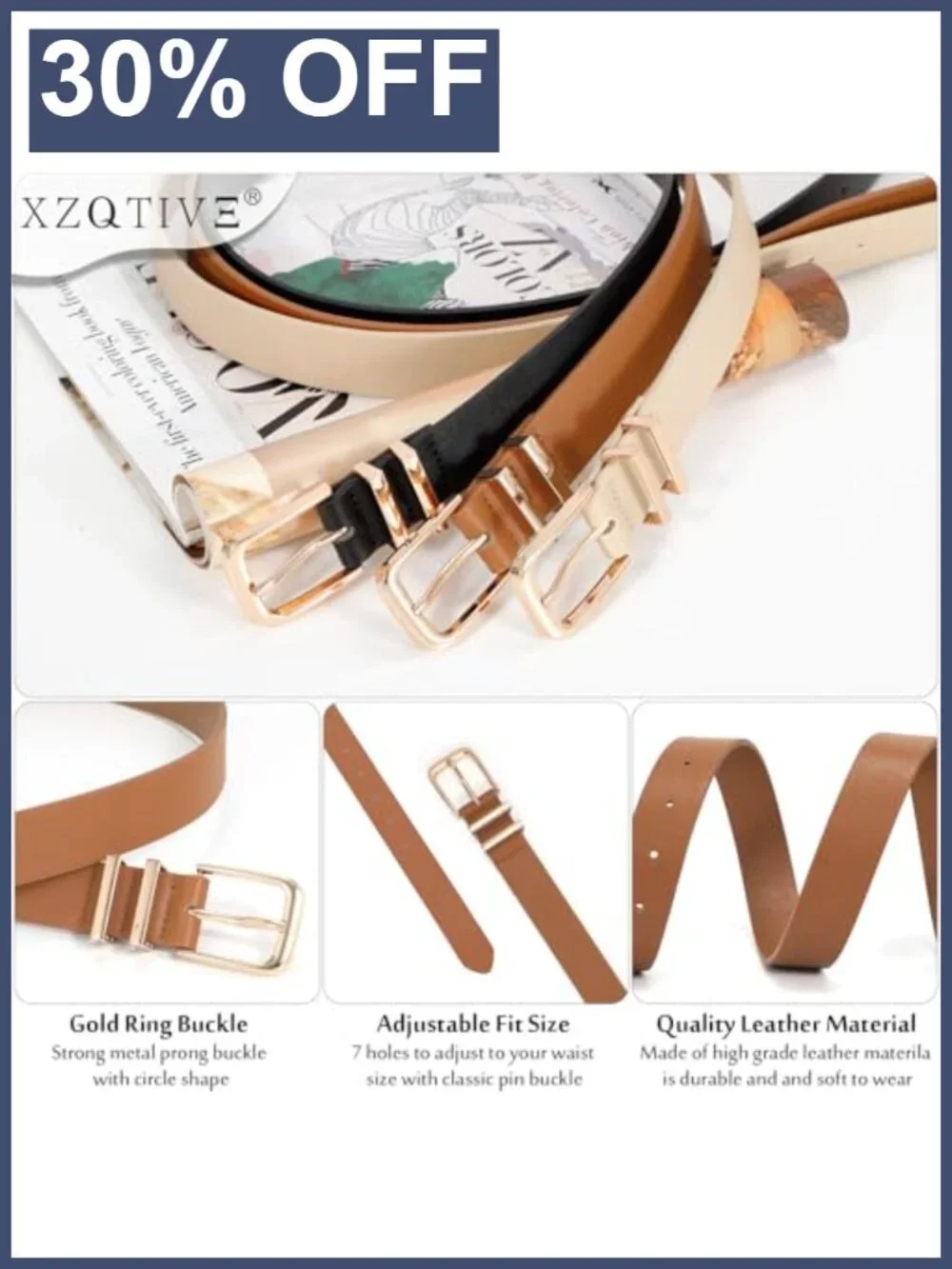 3 Pack Women Leather Belts with Gold Buckle for Jeans Dresses Pants